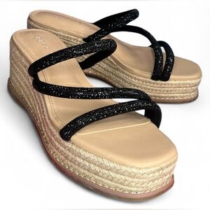 🎉✨ NWT Copper Key Black Sparkling Glitter Slip On Espadrille Platform Wedges 6.5